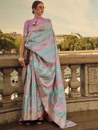 Captivating Multi-Color Zari Woven Satin Festival Wear Saree